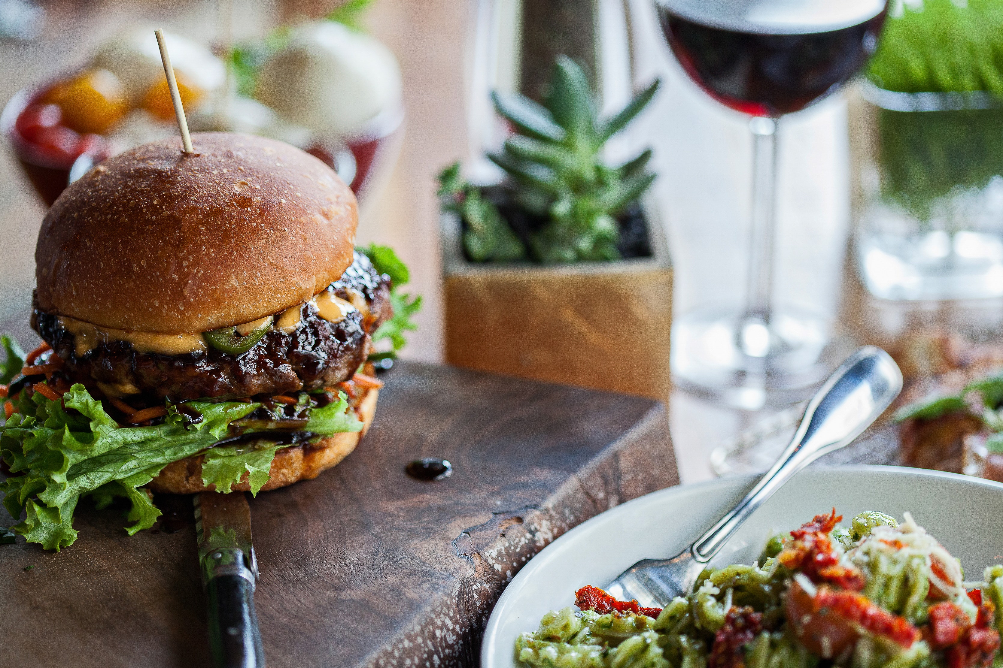 Gourmet Burger with Wine — Food photography by Spice & Ink