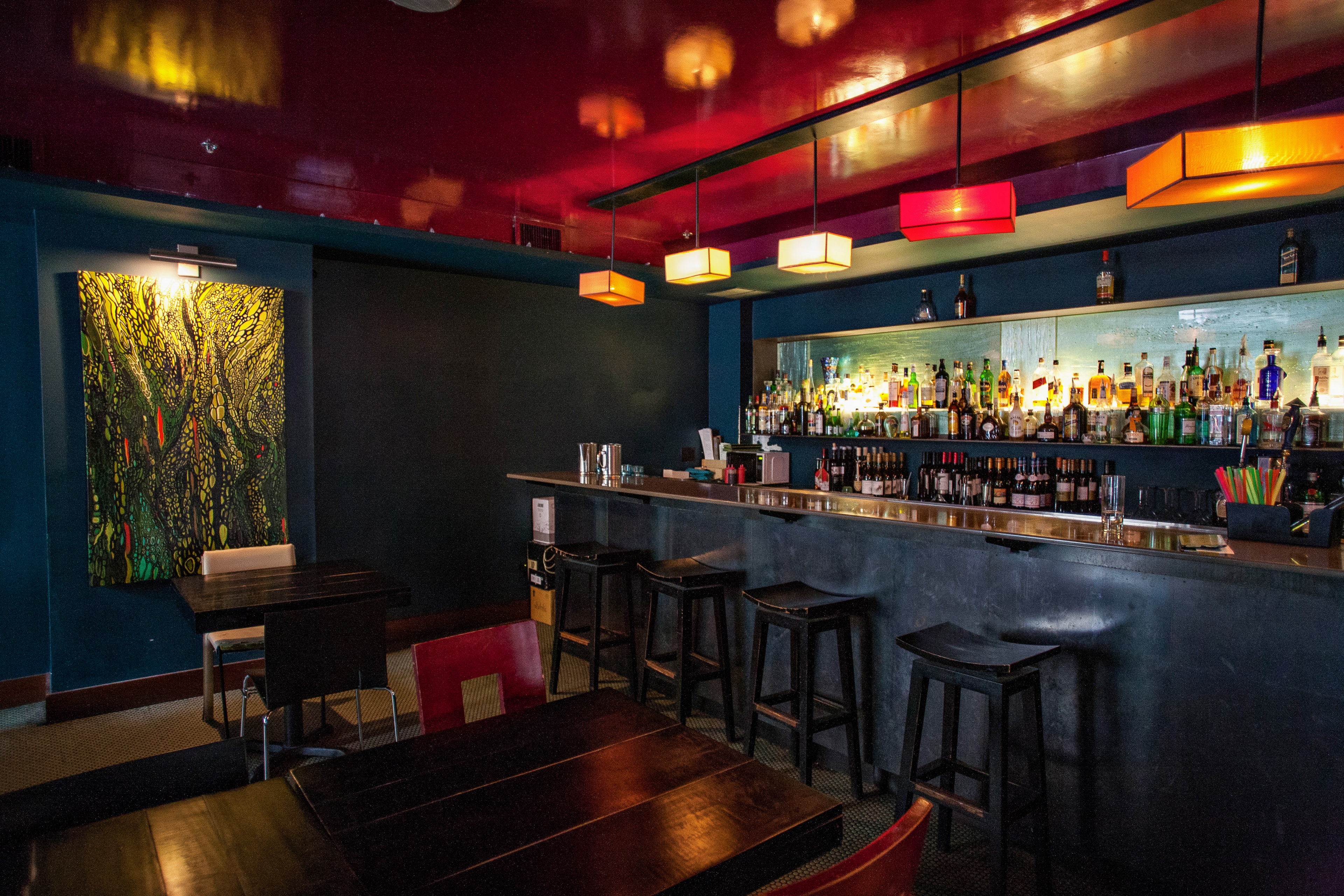 Modern Cocktail Bar with Colourful Lighting — Spaces photography by Spice & Ink